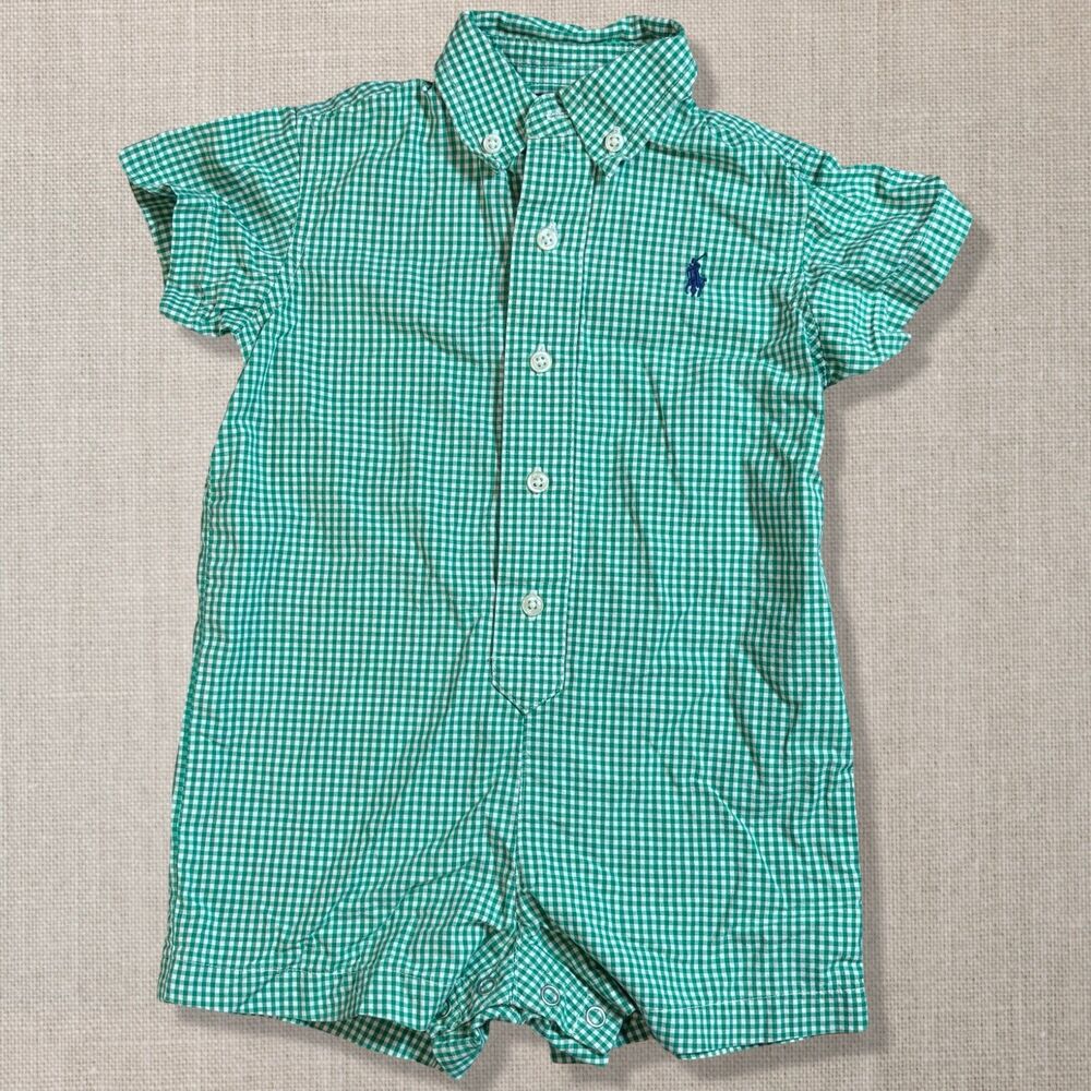 Ralph Lauren Baby Boy 12M Green Gingham Check Shortall Romper Pony Logo